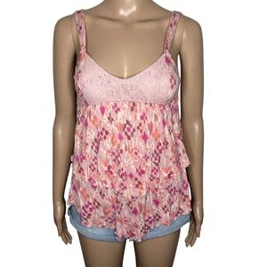 Decree Y2K Pink Patterned V-Neck Tiered Flowy Sleeveless Babydoll Tank Top